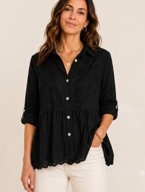 Made in Italy Black Embroidery Cotton Peplum Blouse Med Eyelet Roll-Tab Sleeve